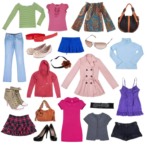 Different female clothes, shoes and accessories — Stock Photo, Image