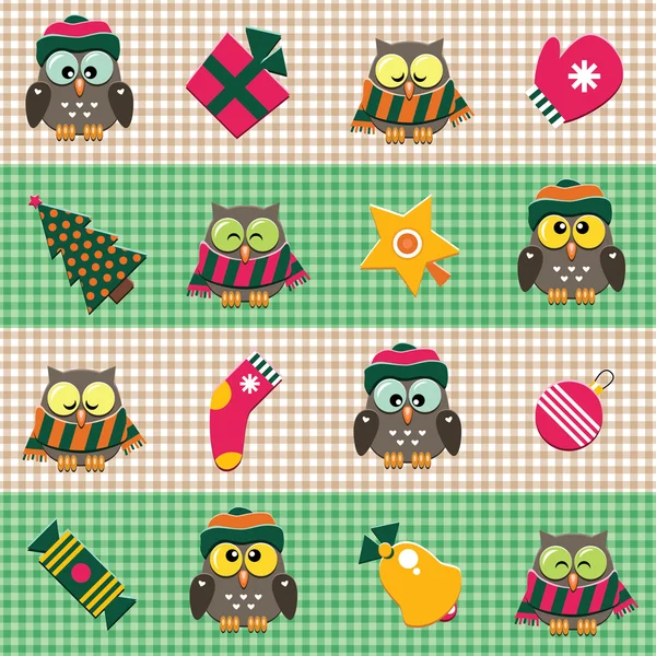 Checked pattern with christmas decorations and cute owls. — Stock Vector