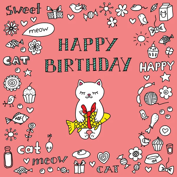 Cartão de aniversário rosa com gato —  Vetores de Stock