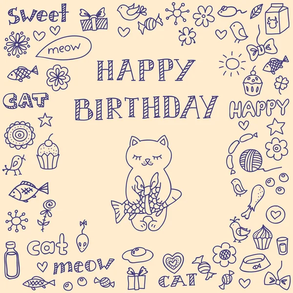 Doodle cartão de aniversário com gato —  Vetores de Stock