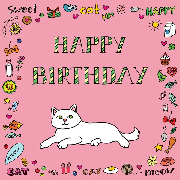 Cartão de aniversário com gato —  Vetores de Stock
