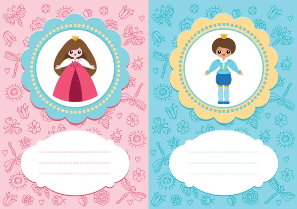 Baby cards with prince and princess — Stock Vector