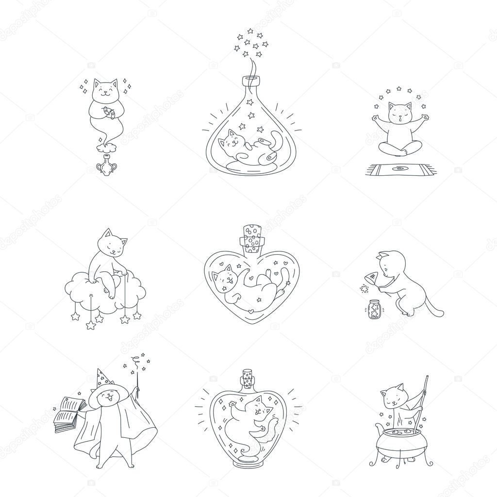 Collection of magic kitties. Illustrations of cute white cats sitting in magic bottles, casting spells, making magic potion ets. Black-n-white outlined illustration.