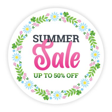 Yaz indirimi afişi. İndirimli metin arka planda güzel bir yaz çiçeği çelengi ile birlikte. % 50 'ye kadar indirimli..