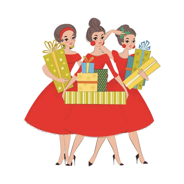 Девушки Подарочными Коробками Красивые Подруги Красивом Красном Платье Подарочными Коробками — стоковый вектор