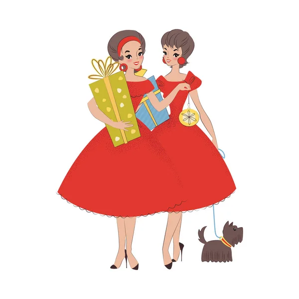 Chicas Con Cajas Regalo Bonitas Amigas Hermosos Vestidos Rojos Sosteniendo — Vector de stock