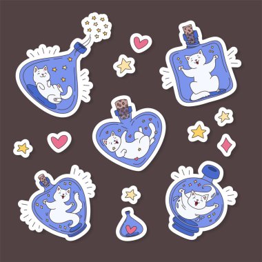 Sihirli kedili çıkartma koleksiyonu. Sihirli şişelerde oturan sevimli beyaz kedilerin resimleri. Vektör 10 EPS.