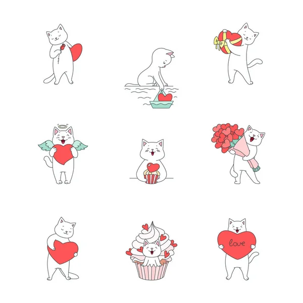 Verzameling Van Schattige Kittens Love Doodle Illustraties Van Kawaii Witte — Stockvector