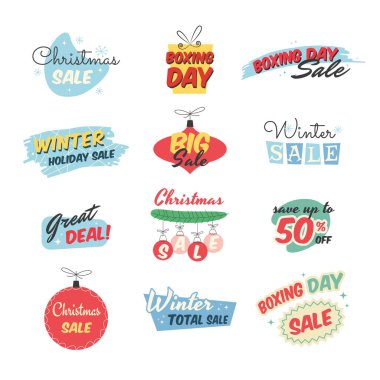 Noel indirimi rozetleri ayarlandı. Yüzyıl ortası tarzında kış tatili çıkartmaları koleksiyonu. Vektör 10 EPS.