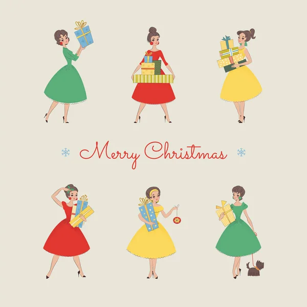 Merry Christmas Greeting Card Set Pretty Girls Beautiful Dresses Holding Royalty Free Stock Illustrations