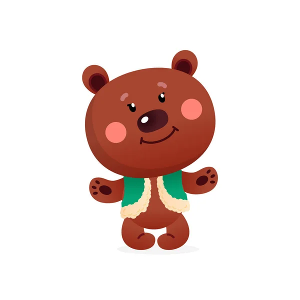小熊人物形象 说明一个有趣的卡通棕熊与绿色无袖夹克隔离在白色背景 病媒10 Eps — 图库矢量图片