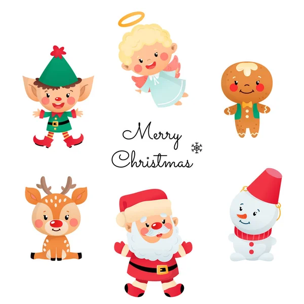 かわいいクリスマスキャラクターのセット 漫画の冬の休日の文字のコレクション サンタクロース 雪だるま ジンジャーブレッドの男 鹿とクリスマスの自己 メリークリスマスグリーティングカード — ストックベクタ