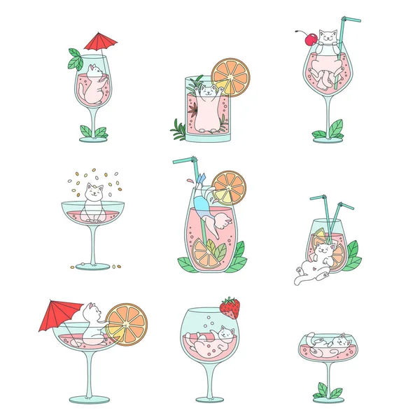 Collection Cute Kitties Cocktails Funny Cats Playing Cocktail Glasses Decorated — Stock Vector