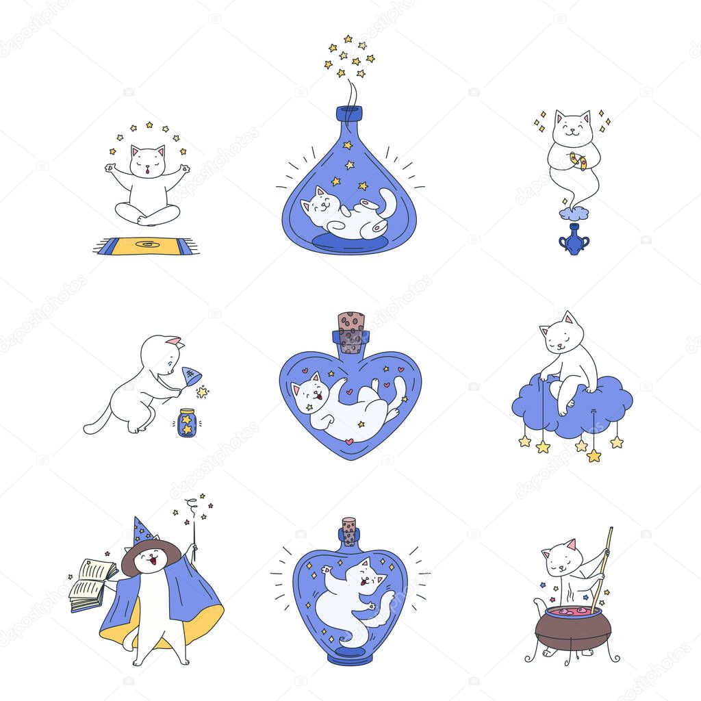 Collection of magic kitties. Illustrations of cute white cats sitting in magic bottles, casting spells, making magic potion ets. Vector illustration 10 EPS.