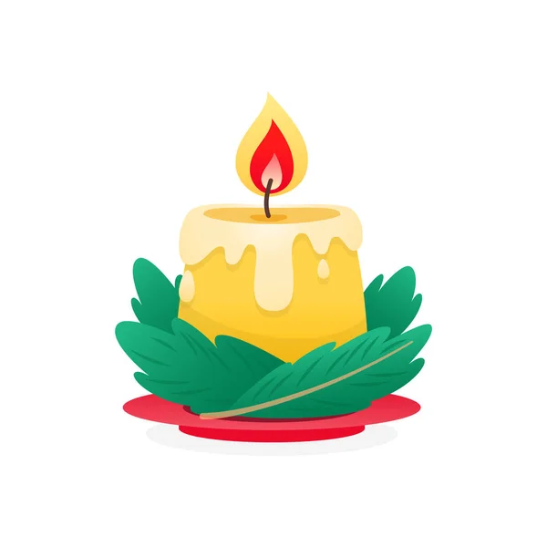 Christmas Candle Icon Illustration Burning Candle Decorated Fir Tree Branches — Stock Vector