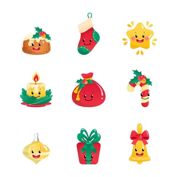 Conjunto Iconos Navidad Dibujos Animados Colección Símbolos Vacaciones Invierno Con — Vector de stock