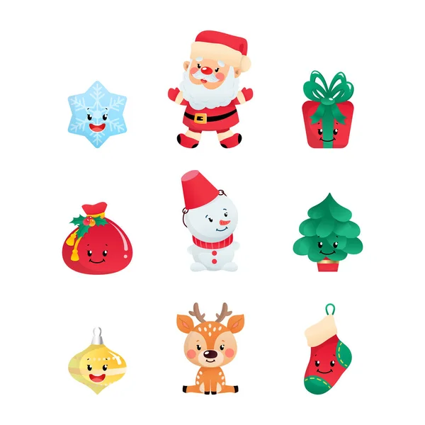 Set Cartoon Christmas Icons Collection Cute Winter Holiday Symbols Santa — Stock Vector