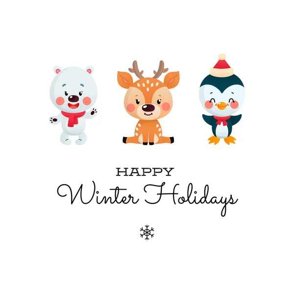 Joyeuses Vacances Hiver Carte Vœux Avec Des Animaux Mignons Illustration — Image vectorielle
