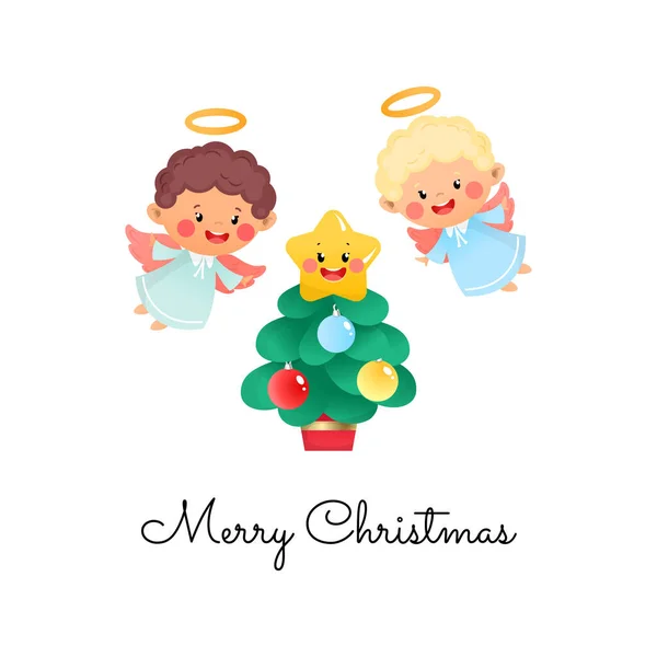 Καλά Χριστούγεννα Ευχετήρια Κάρτα Εικονογράφηση Δύο Χαριτωμένων Μικρών Αγγέλων Και — Διανυσματικό Αρχείο