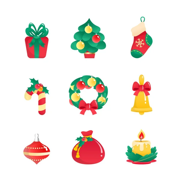 Set Cartoon Christmas Icons Collection Winter Holiday Symbols Gift Box — Stock Vector