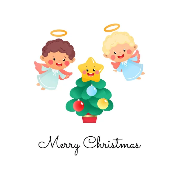 Feliz Tarjeta Felicitación Navidad Ilustración Dos Angelitos Lindos Abeto Con Ilustración de stock