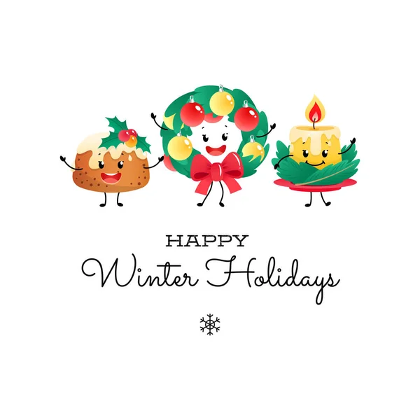Щасливі Зимові Канікули Листівки Кумедними Персонажами Зимова Святкова Ілюстрація Милого — стоковий вектор