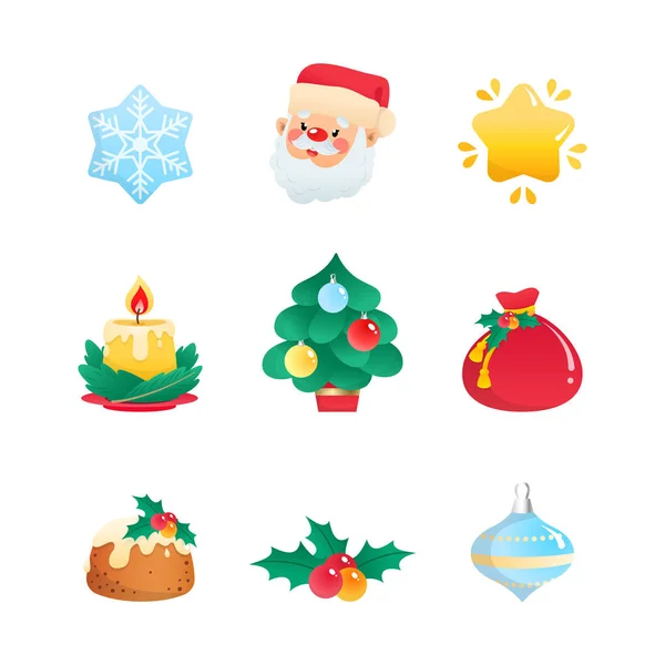 Set Cartoon Christmas Icons Collection Winter Holiday Symbols Santa Claus — Stock Vector