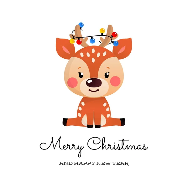 Merry Christmas Happy New Year Card Cartoon Deer Winter Holiday — Stock Vector