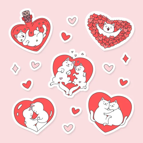 Collection Stickers Kitties Love Doodle Illustrations Kawaii White Cats Hearts — Stock Vector