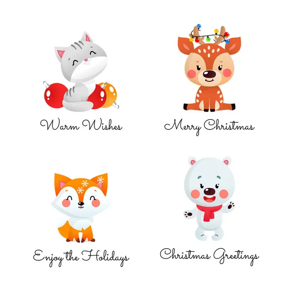 かわいい漫画動物と冬の休日の挨拶のセット 白い背景には 小さな鹿 灰色の子猫 ホッキョクグマ 冬の赤い狐のクリスマスイラストが孤立しています — ストックベクタ