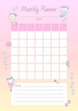 Aylık Planlayıcı. Küçük deniz kızı yavruları ve deniz yaratıklarıyla donatılmış şirin bir organizatör. Vektör 10 ESP.