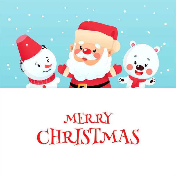 Cute Merry Christmas Greeting Card Cartoon Characters Winter Holiday Background — Stock Vector