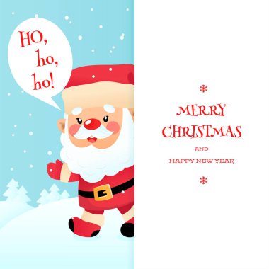 Sevimli Mutlu Noeller ve Mutlu Yıllar tebrik kartı. Gülen Noel Baba 'yla birlikte kış tatili geçmişi. Vektör illüstrasyonu 10 EPS.