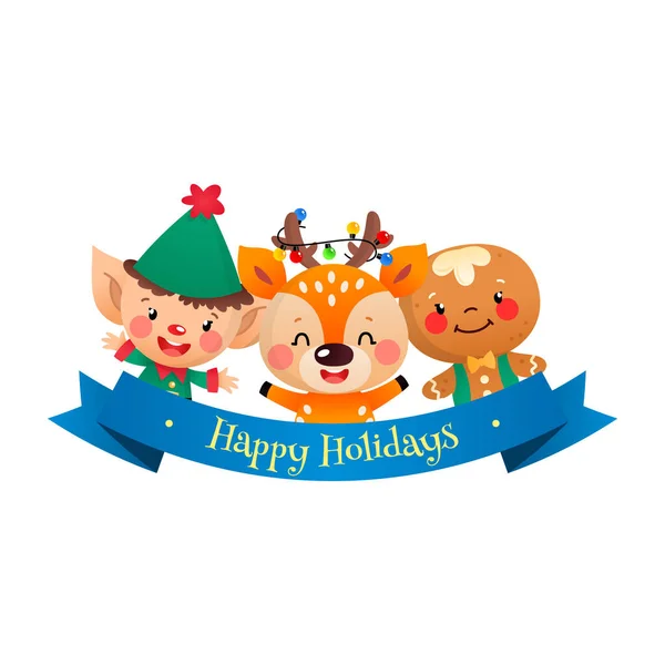 Carte Joyeux Fêtes Mignon Avec Des Personnages Noël Dessin Animé — Image vectorielle