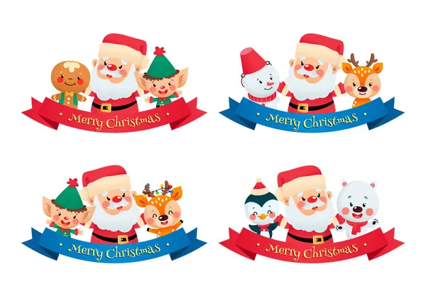 Set Cute Cartoon Winter Holiday Badges Four Christmas Illustrations Santa — Stock Vector