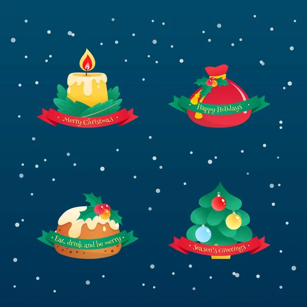 Set Lindas Insignias Vacaciones Invierno Dibujos Animados Cuatro Ilustraciones Navideñas — Vector de stock