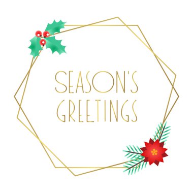 Mevsimin selamları. Kış tatili tebrik kartı. Altın çerçeveli beyaz bir arka planda Noel ağacı dalları, kutsal meyveler ve Noel çiçekleri tasviri. Vektör 10 EPS.