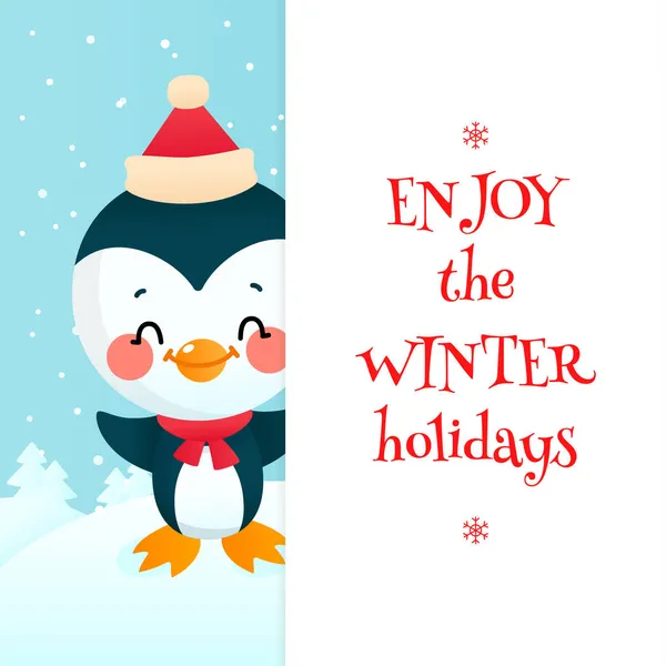 Насолоджуйтесь Вітальною Листівкою Зимових Свят Різдвяна Ілюстрація Смішного Маленького Пінгвіна — стоковий вектор