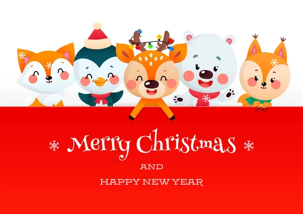 Cute Christmas Card Cartoon Animals Winter Illustration Funny Deer Polar — Stock Vector