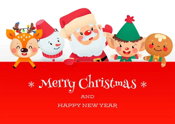 Cute Merry Christmas Card Cartoon Characters Winter Illustration Funny Santa — Stock Vector