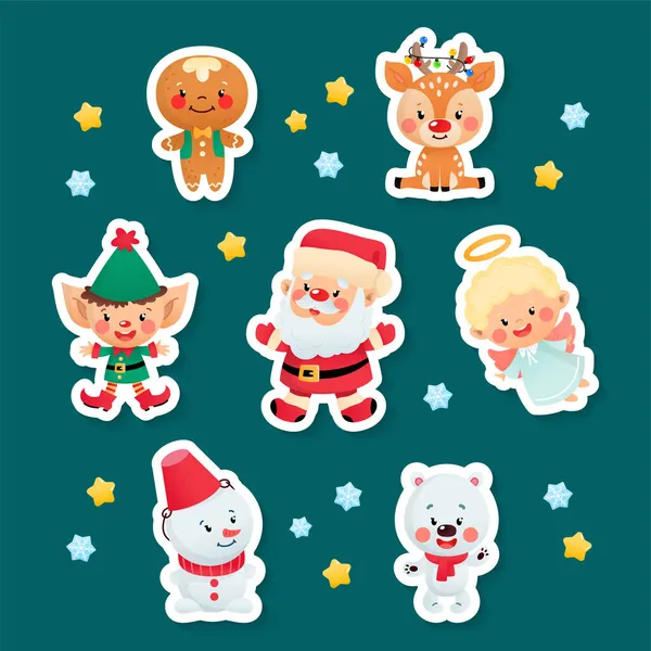 かわいい漫画のクリスマスのステッカーのセット 暗い背景の面白い文字のコレクション サンタクロース エルフ ジンジャーブレッドの男 雪だるま 鹿と小さな極熊 — ストックベクタ