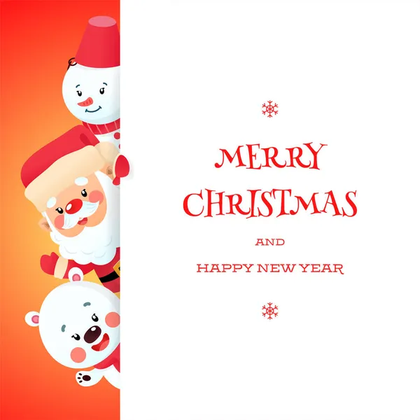 圣诞快乐 新年快乐 卡通人物 一个有趣的圣诞老人 一只企鹅和一只红色背景上挂着白色大标牌的鹿的冬季图片 — 图库矢量图片
