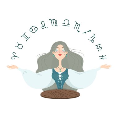 Falcı kadın karakter. Beyaz bir arka planda izole edilmiş burç işaretleri görerek elini kaldıran güzel bir kızın karikatür çizimi. Astroloji konsepti. Vektör 10 EPS.