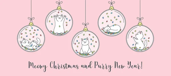マイヨー クリスマスとプリリー ニューイヤー ピンクの背景にクリスマスボールに座ってかわいい子猫のコレクション ベクトル10 Eps — ストックベクタ