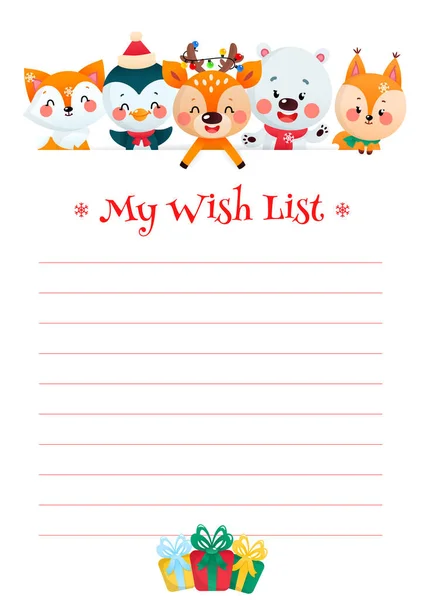 Christmas Wish List Template Cute Organizer Funny Cartoon Animals Gift — Stock Vector