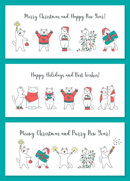 クリスマスグリーティングカードのコレクション 白い背景に隔離された冬の休日を祝うかわいい子猫のイラスト ベクトル10 Eps — ストックベクタ