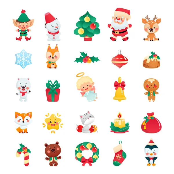 Set Cute Cartoon Christmas Icons Collection Funny Winter Holiday Characters — Stock Vector