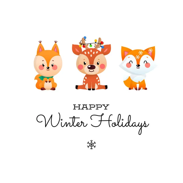 Happy Winter Holidays Cute Illustration Little Deer Squirrel Fox Isolated Royalty Free Stock Illustrations