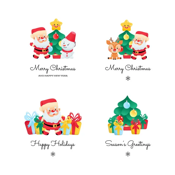 Набор Зимних Праздников Поздравления Забавными Персонажами Симпатичные Рождественские Иллюстрации Санта — стоковый вектор