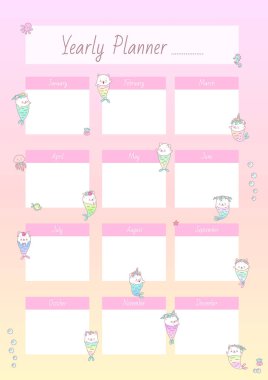 Yıllık Planlayıcı. Küçük deniz kızı yavruları ve deniz yaratıklarıyla donatılmış şirin bir organizatör. Vektör 10 ESP.